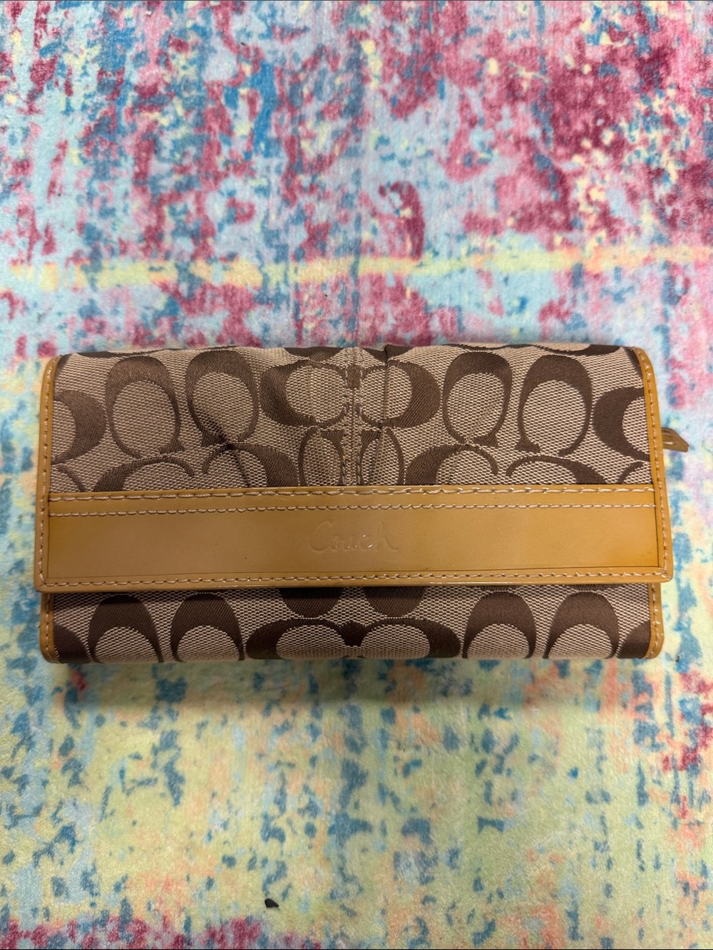 Coach Brown Signature Canvas Continental Wallet with Tan Trim